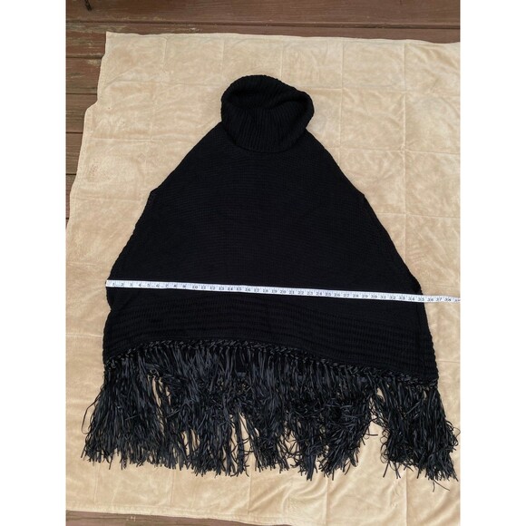 Ashley Stewart Black Faux Leather Trim Fringe Hem Knit Turtleneck Tunic/Poncho - Picture 6 of 12